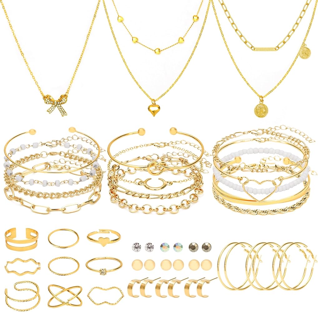 NEWITIN 49 Pieces Gold Jewelry Set for Women Fashion Costume Jewelry Gold Plated Necklace Bracelet Ring Earrings Set for Women